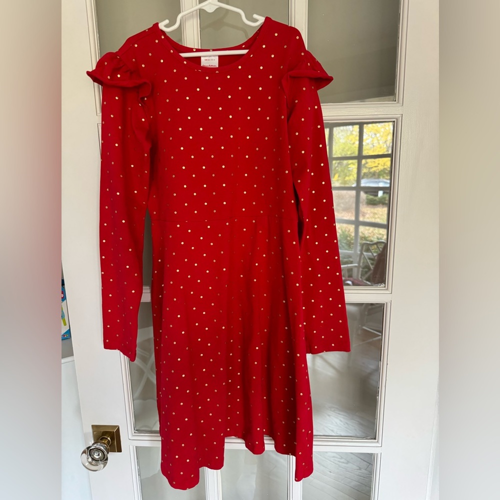 Hanna Andersson Girls Red Dress gold dots size 150 cm US 12 like new! Holiday!